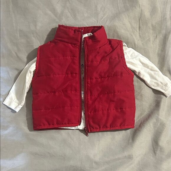 Red Quilted Vest with White Long Sleeve floral Shirt - Picture 1 of 4